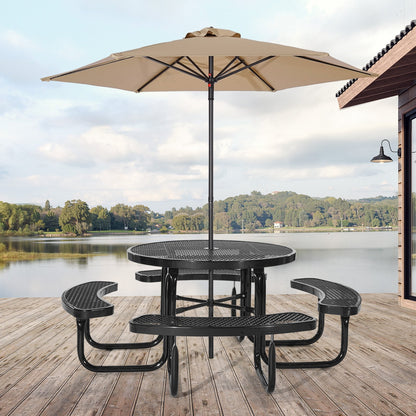  Heavy-Duty Picnic Table, Outdoor Furniture Weather Resistant Patio Dining Set, Coated Steel Tables with Umbrella Hole, 46" Round Table and Bench Set, for Garden, Backyard, Porch (Black)