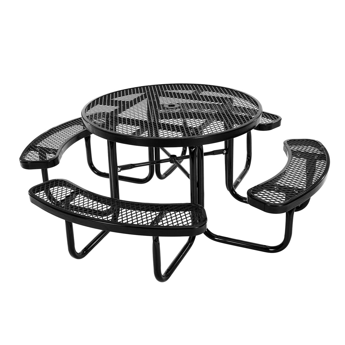 Heavy-Duty Picnic Table, Outdoor Furniture Weather Resistant Patio Dining Set, Coated Steel Tables with Umbrella Hole, 46" Round Table and Bench Set, for Garden, Backyard, Porch (Black)