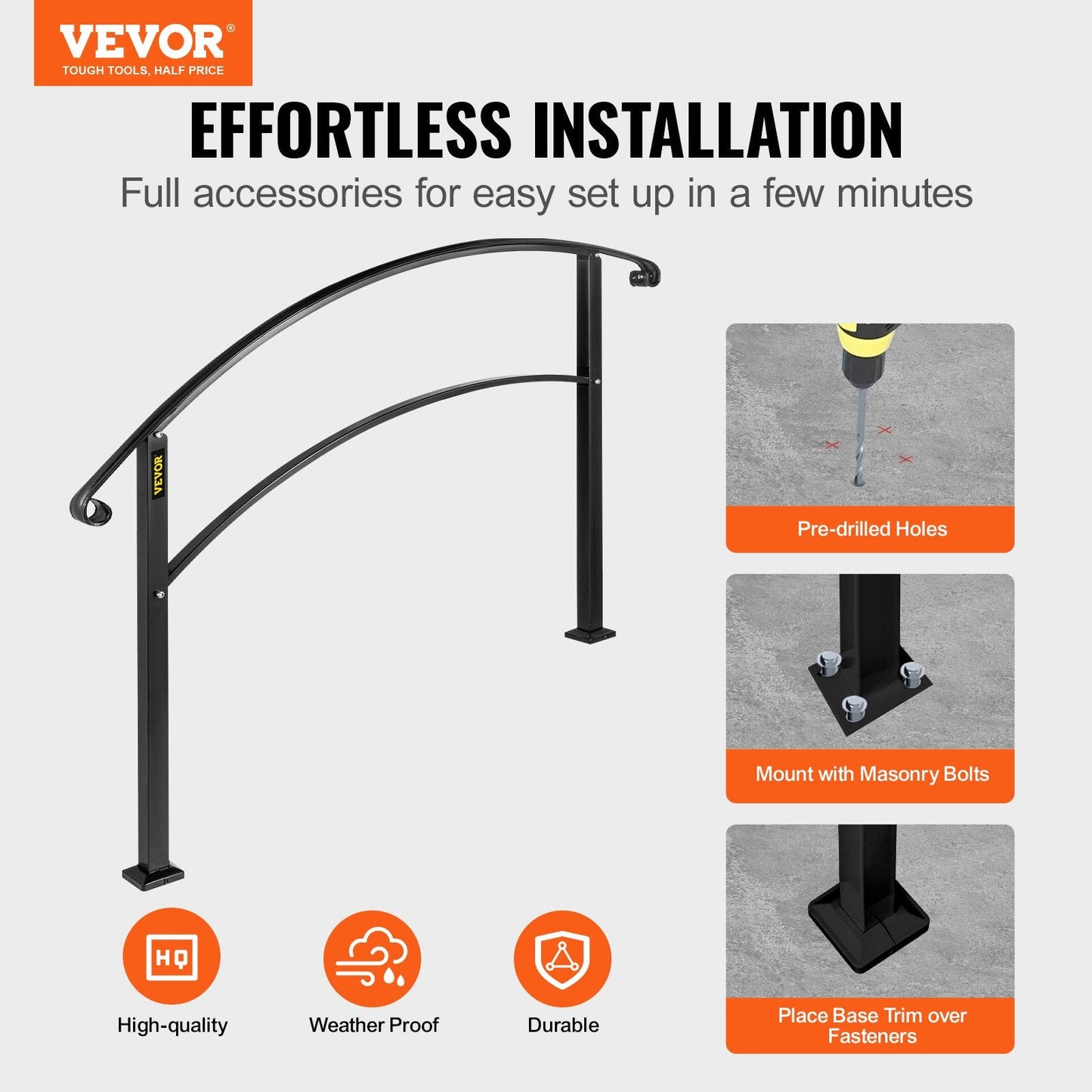 Matte Black 4-Step Wrought Iron Handrail for Steps, Height Adjustable, 13.6 kg