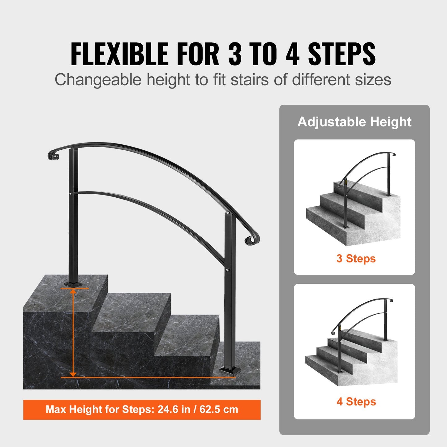 VEVOR 4-Step Handrail Fits 1 or 4 Steps Matte Black Stair Rail Wrought Iron Handrail