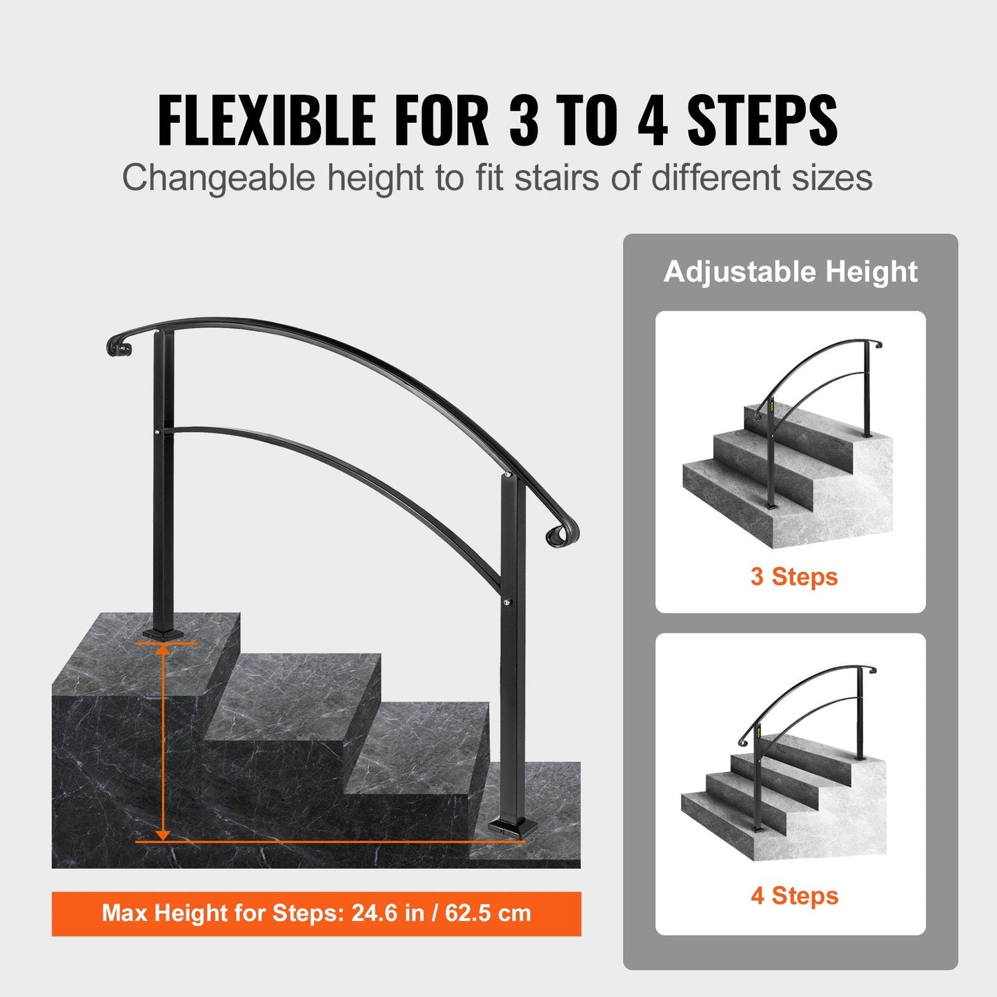 Matte Black 4-Step Wrought Iron Handrail for Steps, Height Adjustable, 13.6 kg