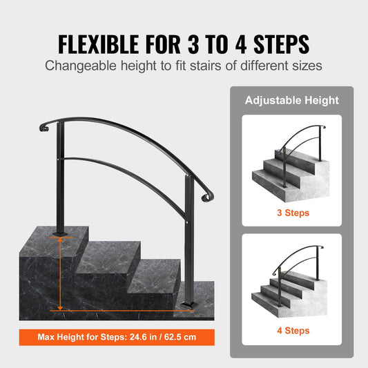 Matte Black 4-Step Wrought Iron Handrail for Steps, Height Adjustable, 13.6 kg