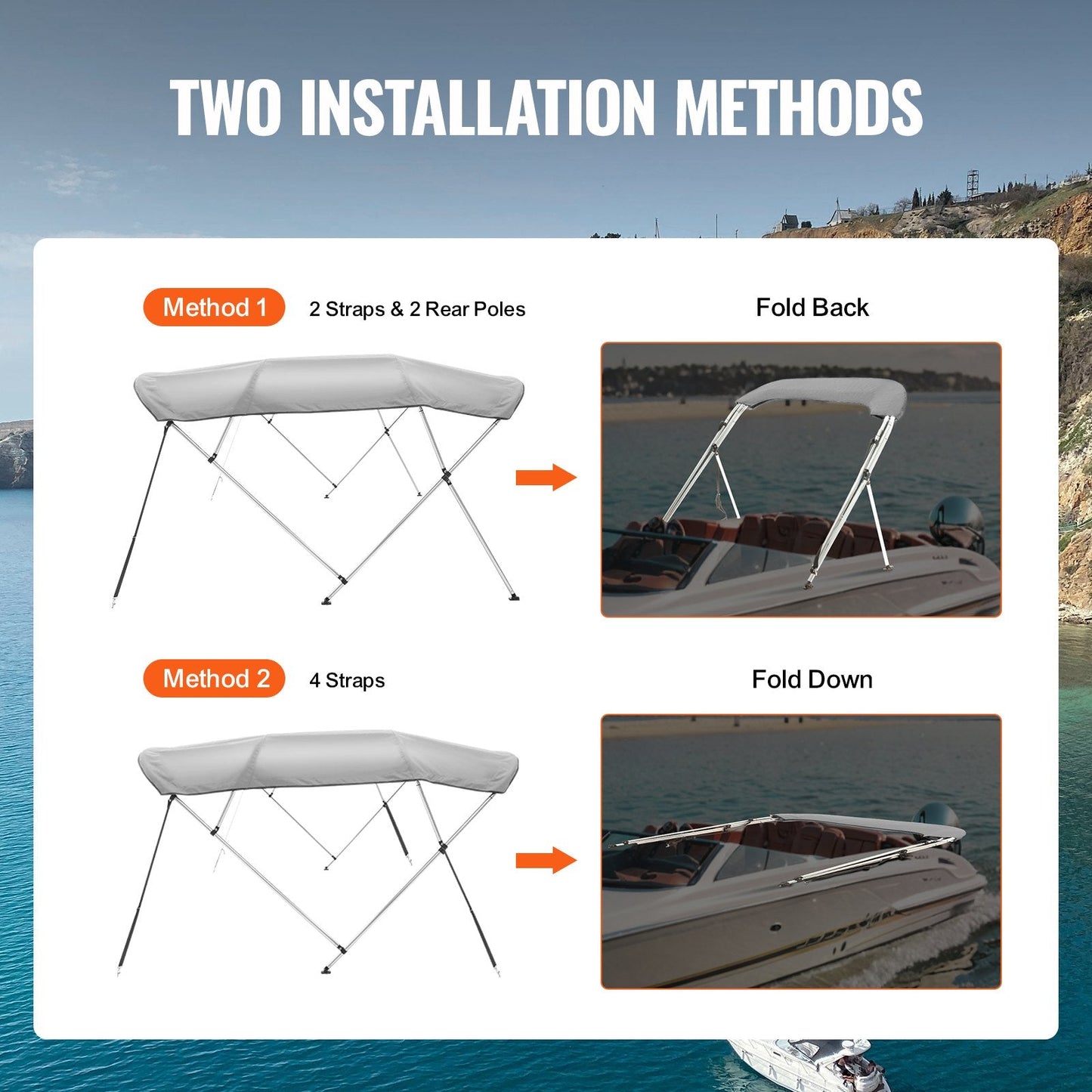 4-Bow Boat Bimini Top Cover, 900D Polyester, Aluminum Frame, Light Grey