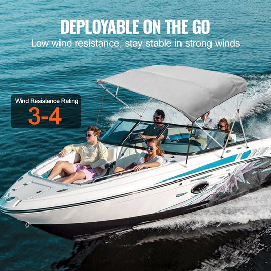 4-Bow Boat Bimini Top Cover, 900D Polyester, Aluminum Frame, Light Grey