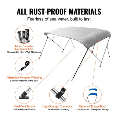 4-Bow Boat Bimini Top Cover, 900D Polyester, Aluminum Frame, Light Grey