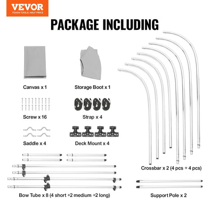 4-Bow Boat Bimini Top Cover, 900D Polyester, Aluminum Frame, Light Grey