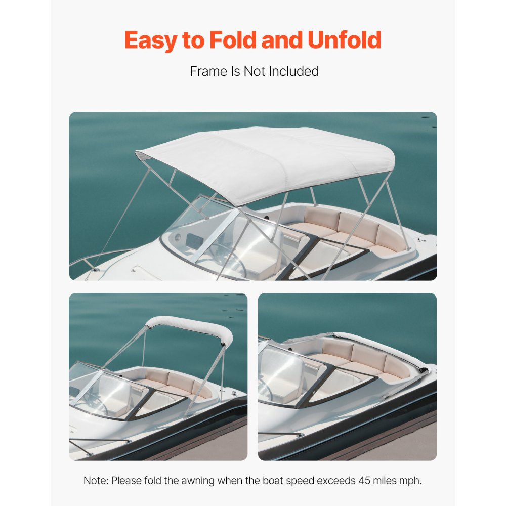 VEVOR 4 Bow Boat Bimini Tops 96"Lx(97"-103")W Awning Top Replacement Light Grey