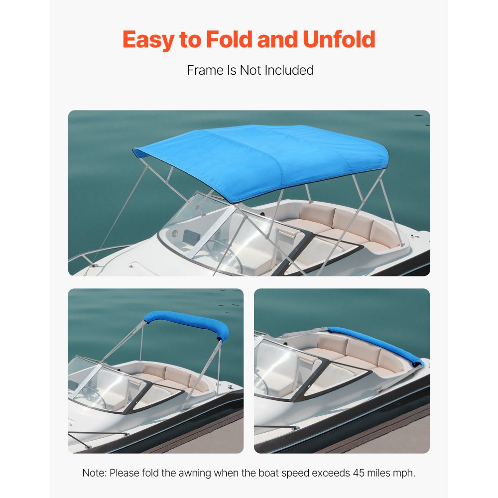 VEVOR 4 Bow Boat Bimini Tops 96"Lx(97"-103")W Awning Top Replacement Pacific Blue