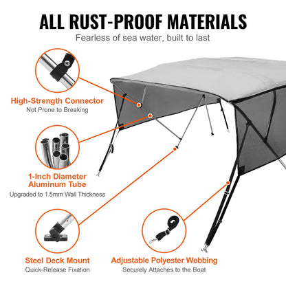4-Bow Boat Canopy with Detachable Mesh Sides, 600D Polyester, Light Grey