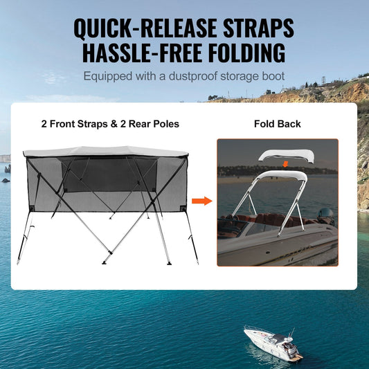 4-Bow Boat Bimini Top with Detachable Mesh Sides, 2.0-2.13m Wide, Light Grey