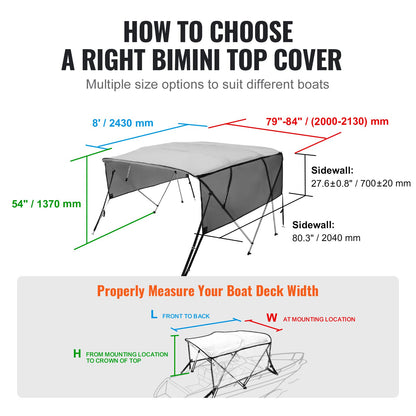 VEVOR 4 Bow Bimini Top Boat Cover Detachable Mesh Sides 600D with Frame 79"-84"W