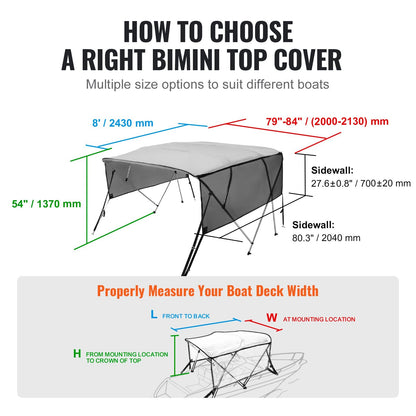 4-Bow Boat Bimini Top with Detachable Mesh Sides, 2.0-2.13m Wide, Light Grey