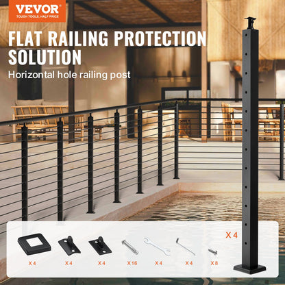 VEVOR 4-Pack Cable Railing Post, 42" x 2" x 2" Steel Horizontal Hole Deck Railing