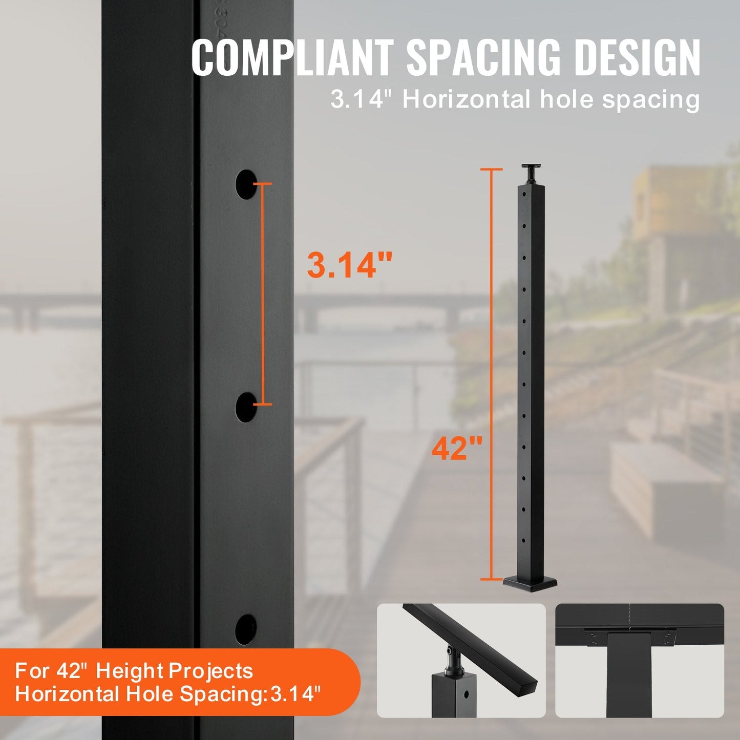 4-Pack Stainless Steel Cable Railing Posts, 106.7cm with Horizontal Holes, Black