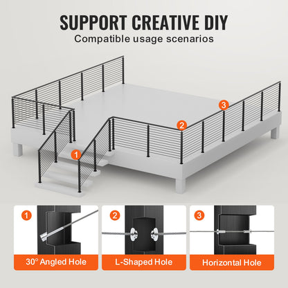 VEVOR 4-Pack Cable Railing Post, 42" x 2" x 2" Steel Horizontal Hole Deck Railing