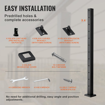 VEVOR 4-Pack Cable Railing Post, 42" x 2" x 2" Steel Horizontal Hole Deck Railing
