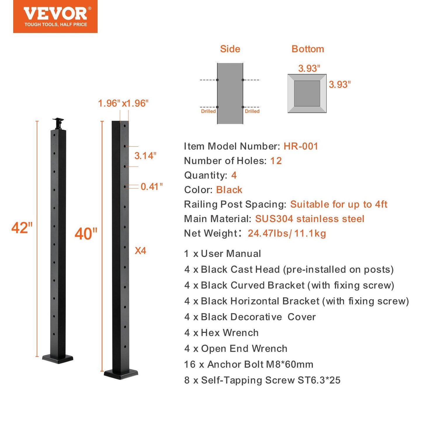 4-Pack Stainless Steel Cable Railing Posts, 106.7cm with Horizontal Holes, Black