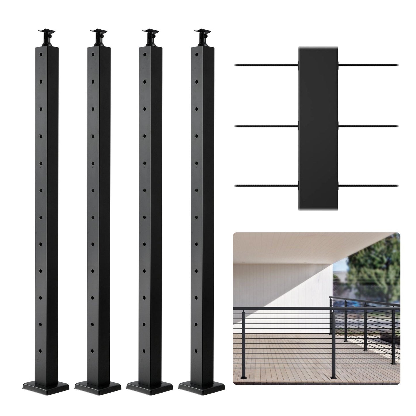 4-Pack Stainless Steel Cable Railing Posts, 106.7cm with Horizontal Holes, Black
