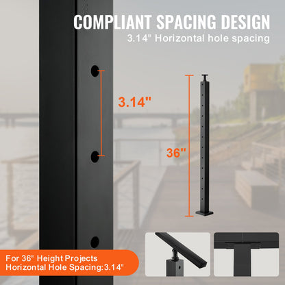 VEVOR 4-Pack Cable Railing Post, 36" x 2" x 2" Steel Horizontal Hole Deck Railing