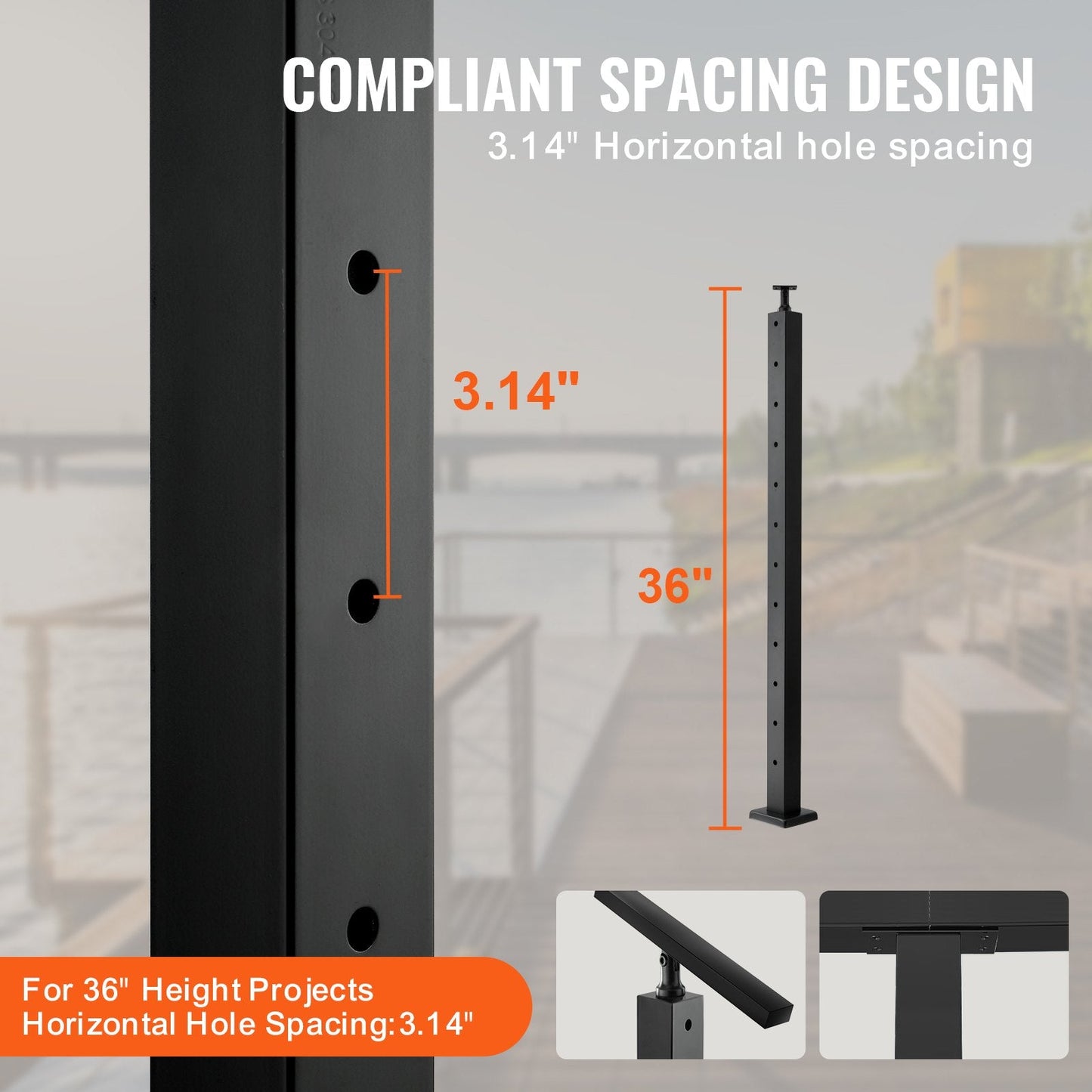4-Pack Stainless Steel Cable Railing Posts, 91.4 cm, Black, Easy Install