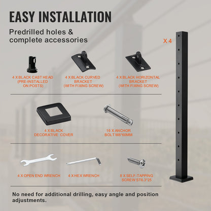 VEVOR 4-Pack Cable Railing Post, 36" x 2" x 2" Steel Horizontal Hole Deck Railing