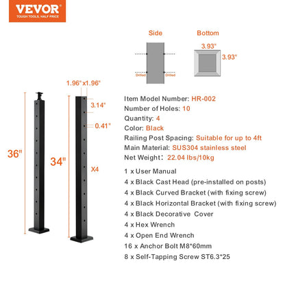 4-Pack Stainless Steel Cable Railing Posts, 91.4 cm, Black, Easy Install