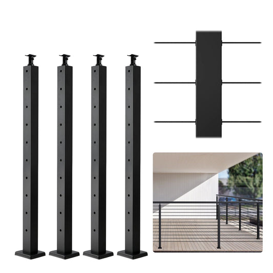 VEVOR 4-Pack Cable Railing Post, 36" x 2" x 2" Steel Horizontal Hole Deck Railing