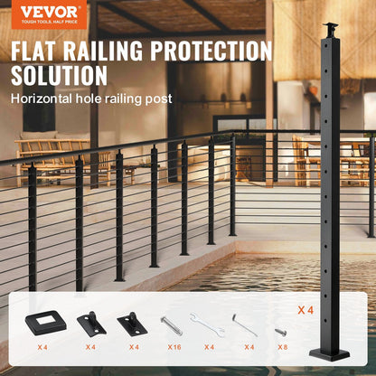 Stainless Steel Cable Railing Posts, 4-Pack, 12 Holes, 42" x 1" x 2", Black