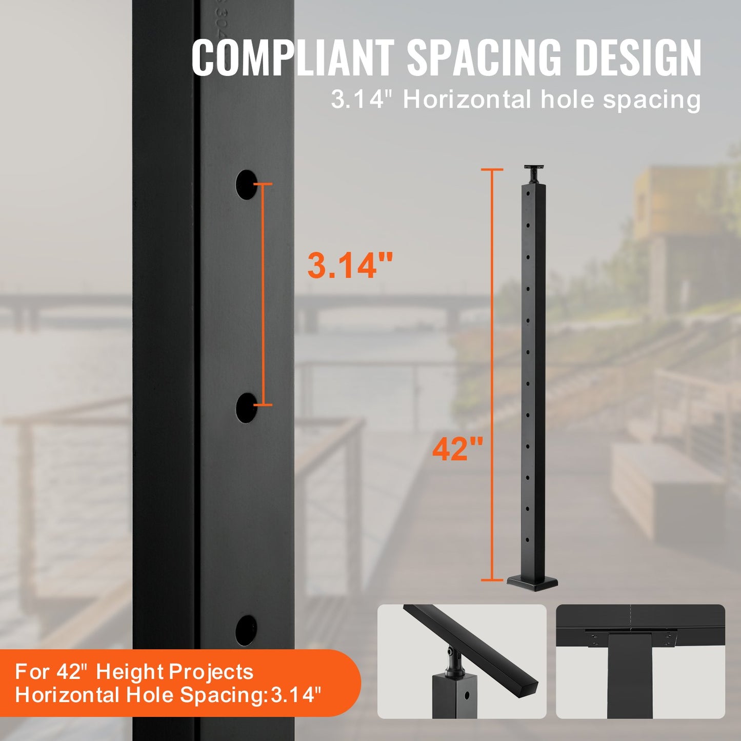 VEVOR 4-Pack Cable Railing Post, 42" x 1" x 2" Steel Horizontal Hole Deck Railing