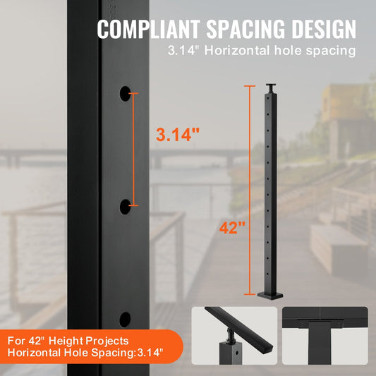 Stainless Steel Cable Railing Posts, 4-Pack, 12 Holes, 42" x 1" x 2", Black