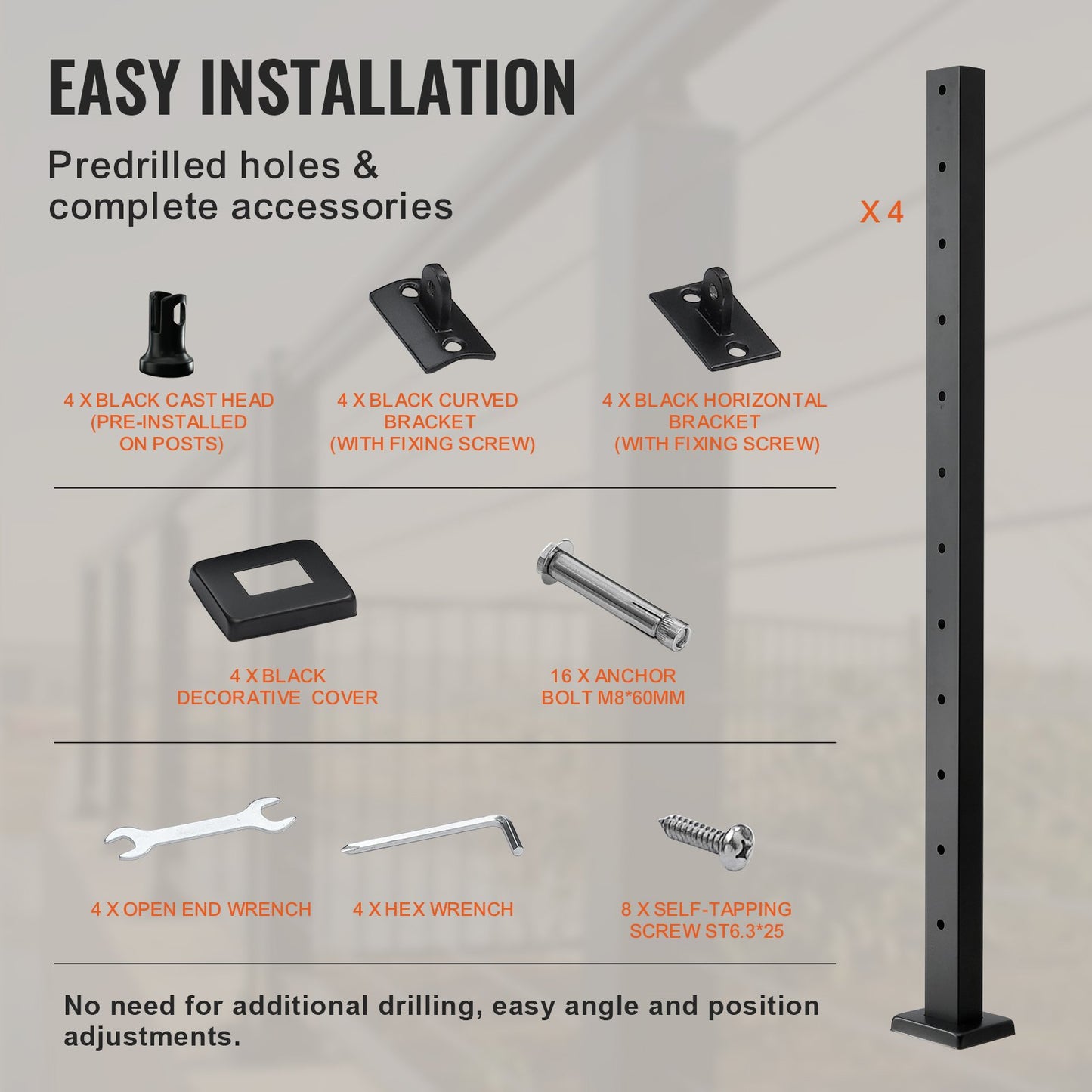 VEVOR 4-Pack Cable Railing Post, 42" x 1" x 2" Steel Horizontal Hole Deck Railing