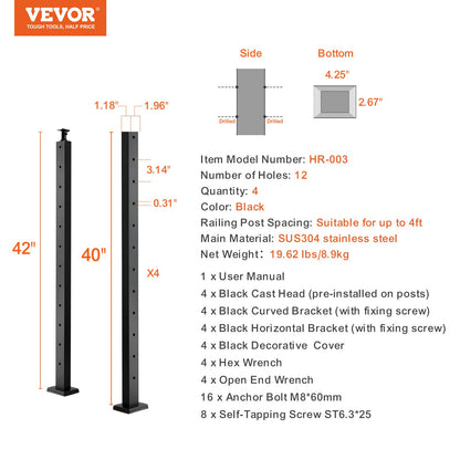 VEVOR 4-Pack Cable Railing Post, 42" x 1" x 2" Steel Horizontal Hole Deck Railing