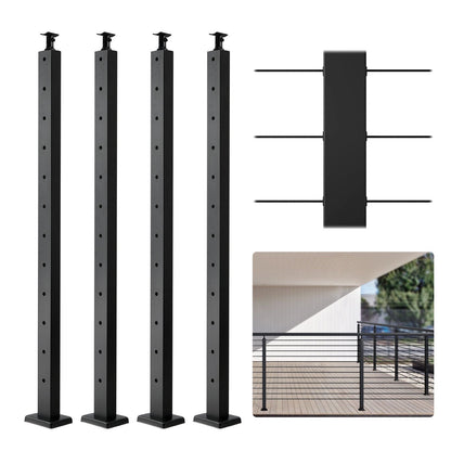 Stainless Steel Cable Railing Posts, 4-Pack, 12 Holes, 42" x 1" x 2", Black