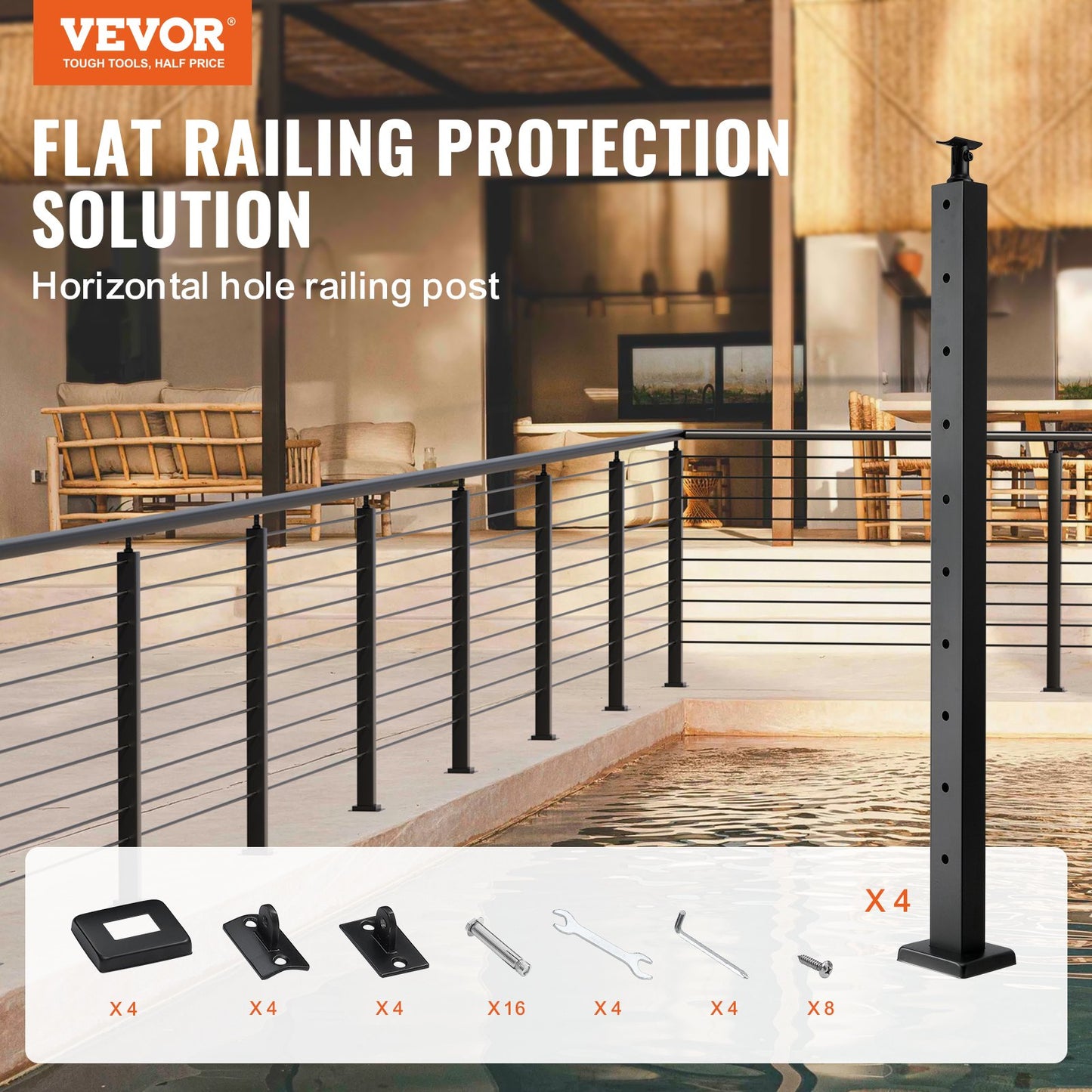 VEVOR 4-Pack Cable Railing Post, 36" x 1" x 2" Steel Horizontal Hole Deck Railing