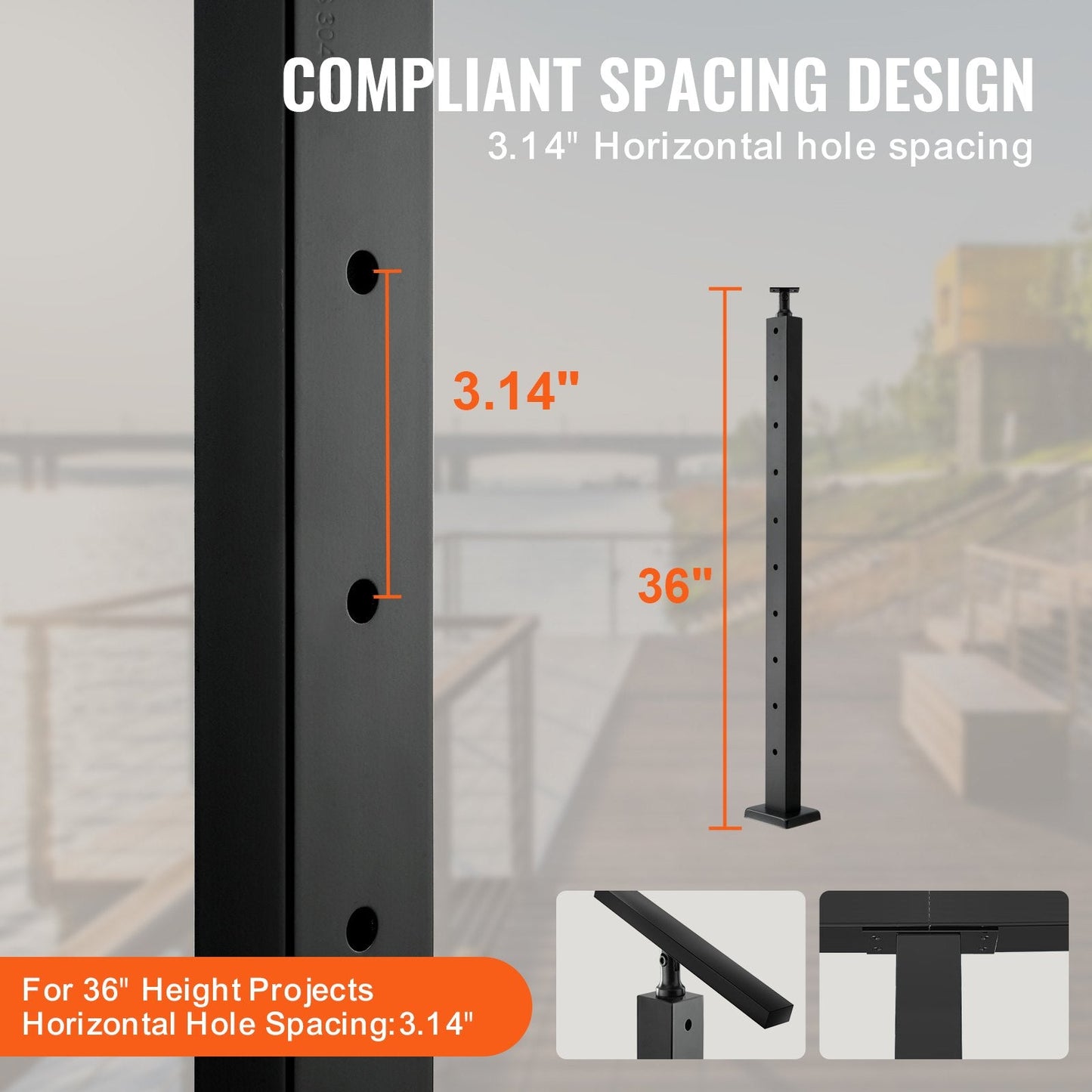 4-Pack Stainless Steel Cable Railing Posts, Horizontal Holes, Black, 91.4cm