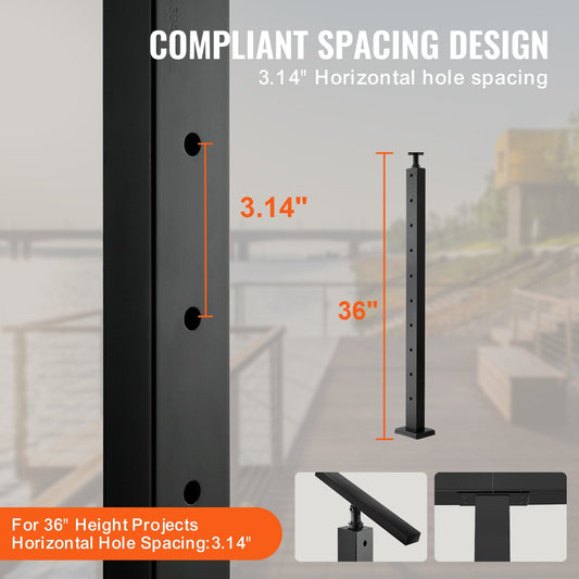 4-Pack Stainless Steel Cable Railing Posts, Horizontal Holes, Black, 91.4cm