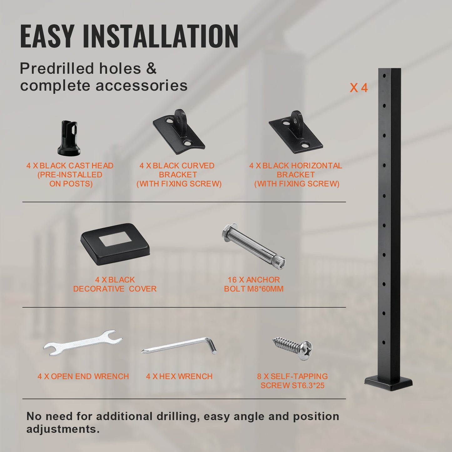 VEVOR 4-Pack Cable Railing Post, 36" x 1" x 2" Steel Horizontal Hole Deck Railing
