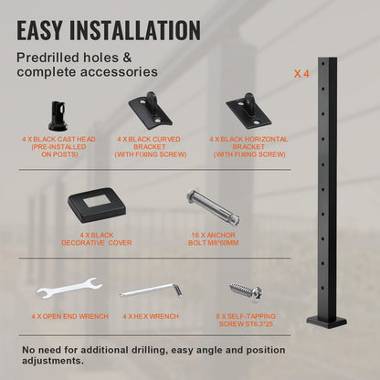 VEVOR 4-Pack Cable Railing Post, 36" x 1" x 2" Steel Horizontal Hole Deck Railing