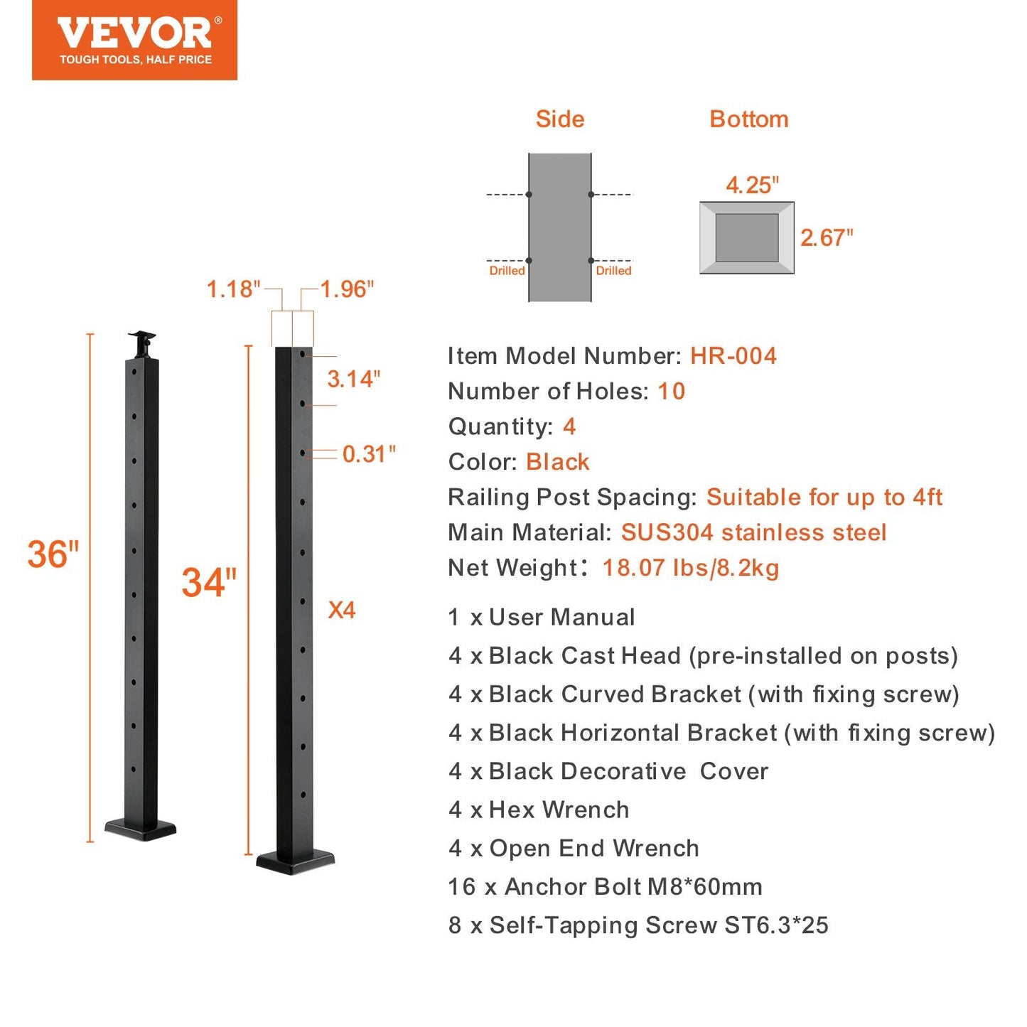4-Pack Stainless Steel Cable Railing Posts, Horizontal Holes, Black, 91.4cm