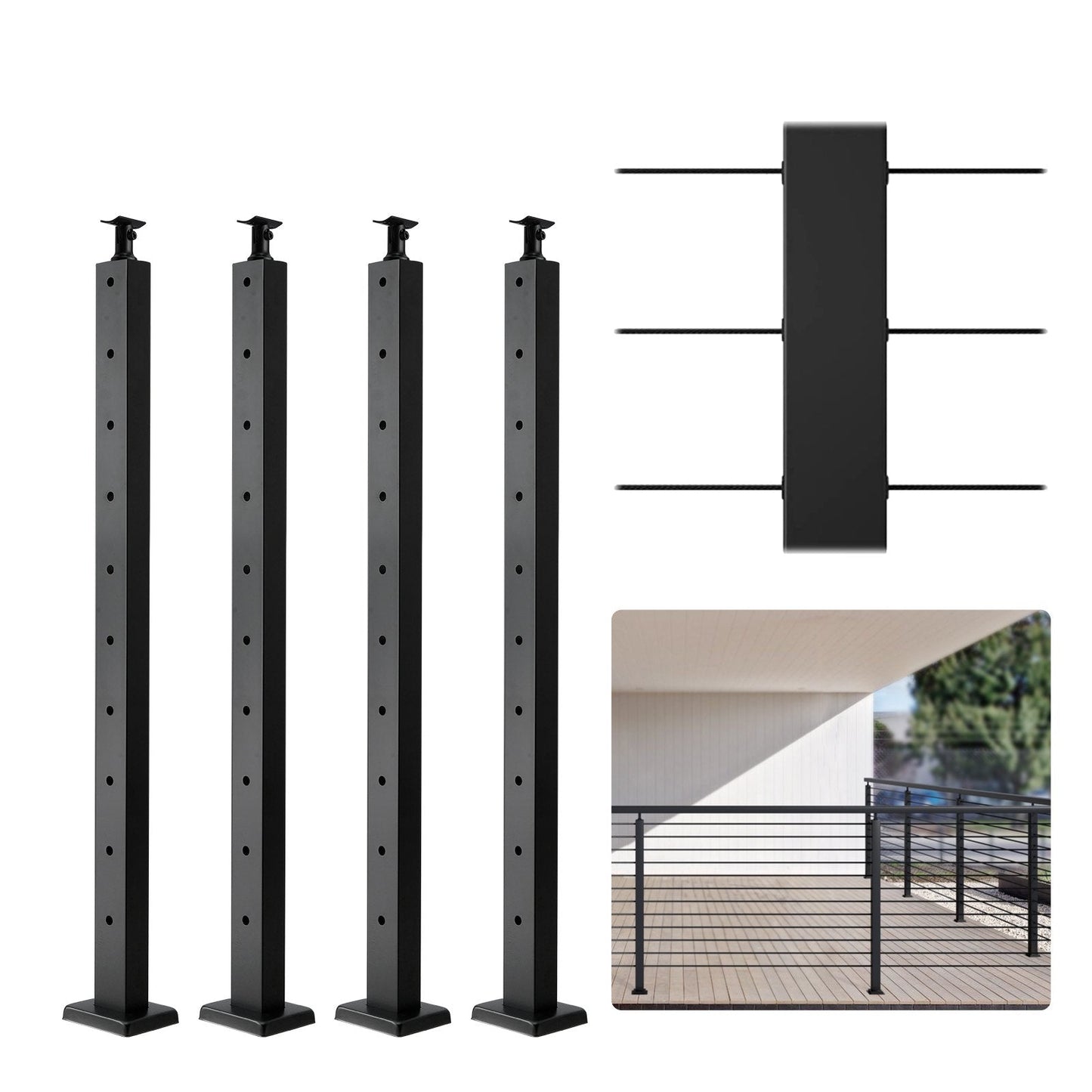 4-Pack Stainless Steel Cable Railing Posts, Horizontal Holes, Black, 91.4cm