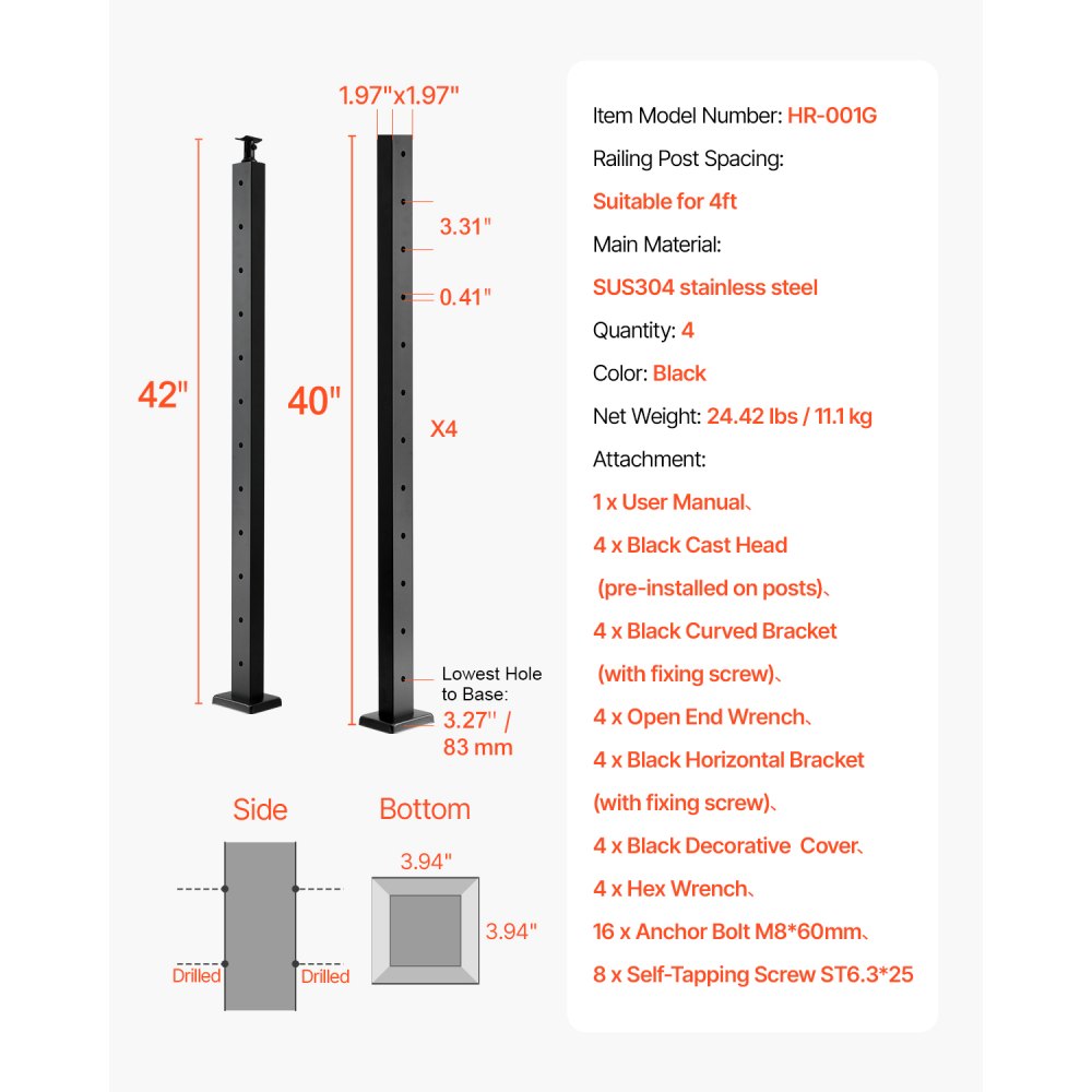 VEVOR Cable Railing Post 1067 x 50 x 50mm Horizontal-Hole Post