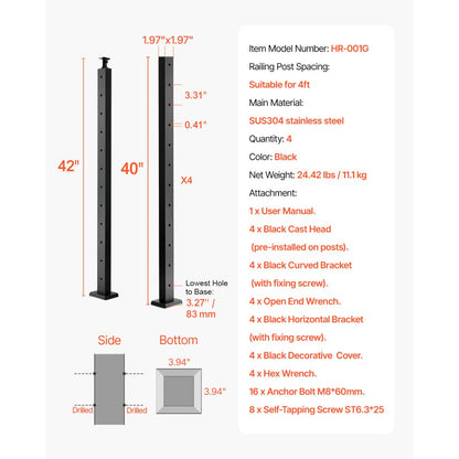 VEVOR Cable Railing Post 1067 x 50 x 50mm Horizontal-Hole Post