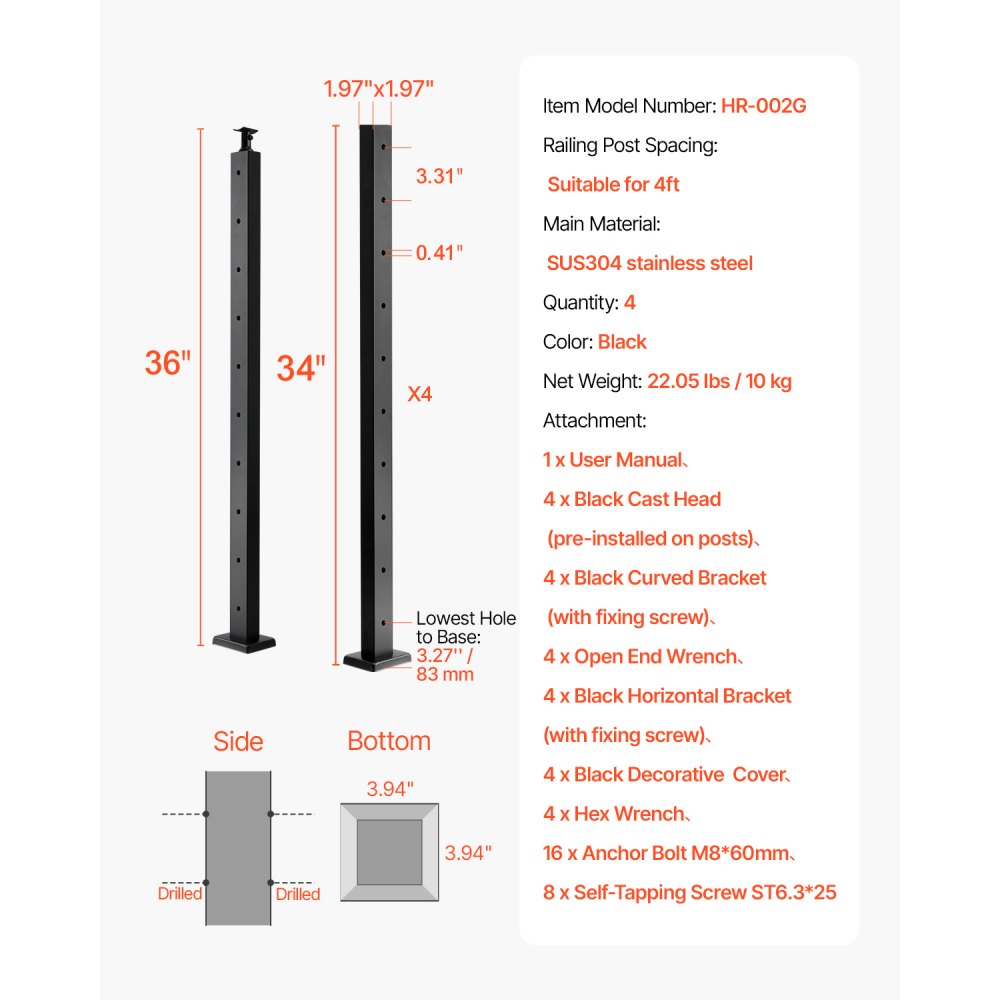 VEVOR Cable Railing Post 914x50x50mm In Horizontal-Hole Post 4JZLGZXHS914MY65M001V0