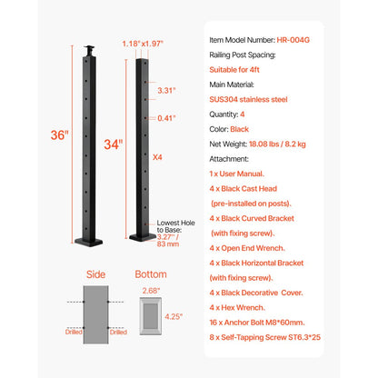 VEVOR Cable Railing Post 914x25x50 mm Horizontal-Hole