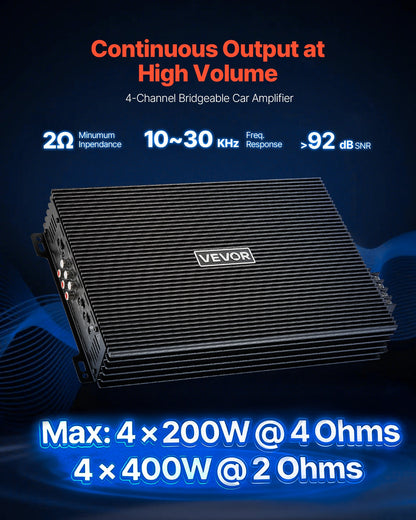 Car Audio Amplifier, 4-Channel Bridgeable Car Amplifier, Multichannel Class AB Stereo Amp, Max. 4 x 200W at 4 Ohms / 4 x 400W at 2 Ohms, High Output, for SUVs, Pickups, and Off-Road Vehicles
