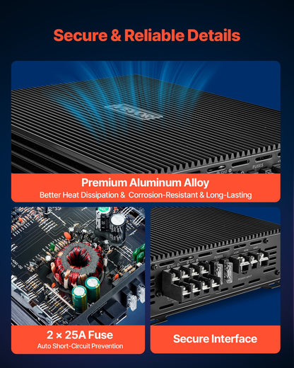 Car Audio Amplifier, 4-Channel Bridgeable Car Amplifier, Multichannel Class AB Stereo Amp, Max. 4 x 200W at 4 Ohms / 4 x 400W at 2 Ohms, High Output, for SUVs, Pickups, and Off-Road Vehicles