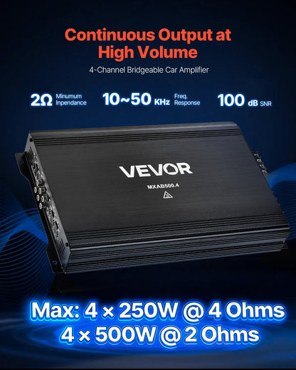 Car Audio Amplifier, 4-Channel Bridgeable Car Amplifier, Multichannel Class AB Stereo Amp, Max. 4 x 250W at 4 Ohms / 4 x 500W at 2 Ohms, High Output, for SUVs, Pickups, and Off-Road Vehicles