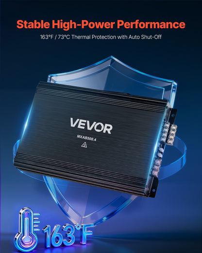 Car Audio Amplifier, 4-Channel Bridgeable Car Amplifier, Multichannel Class AB Stereo Amp, Max. 4 x 250W at 4 Ohms / 4 x 500W at 2 Ohms, High Output, for SUVs, Pickups, and Off-Road Vehicles