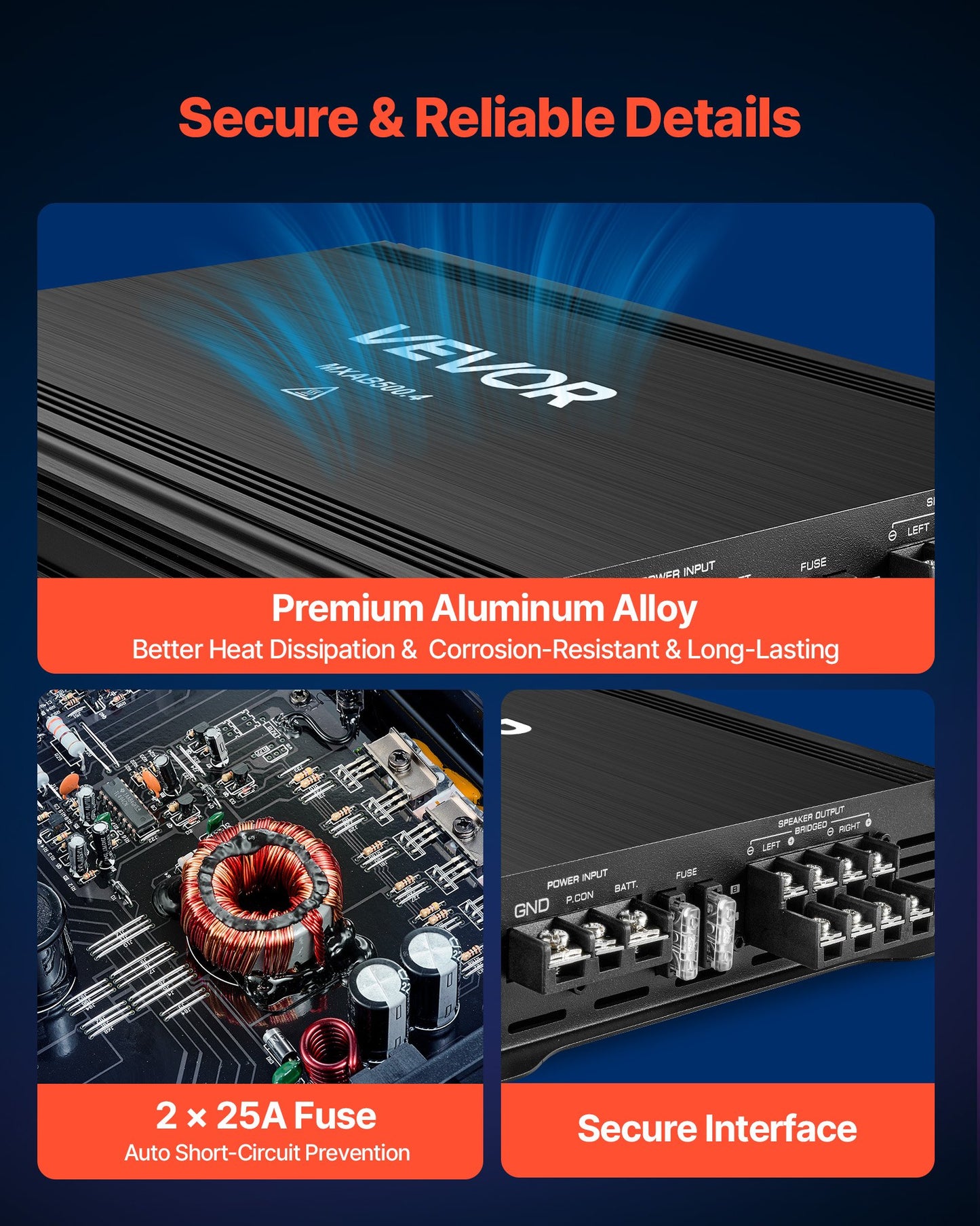 Car Audio Amplifier, 4-Channel Bridgeable Car Amplifier, Multichannel Class AB Stereo Amp, Max. 4 x 250W at 4 Ohms / 4 x 500W at 2 Ohms, High Output, for SUVs, Pickups, and Off-Road Vehicles
