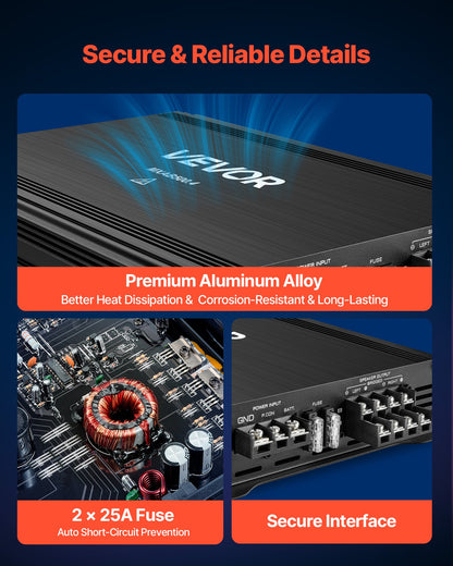Car Audio Amplifier, 4-Channel Bridgeable Car Amplifier, Multichannel Class AB Stereo Amp, Max. 4 x 250W at 4 Ohms / 4 x 500W at 2 Ohms, High Output, for SUVs, Pickups, and Off-Road Vehicles